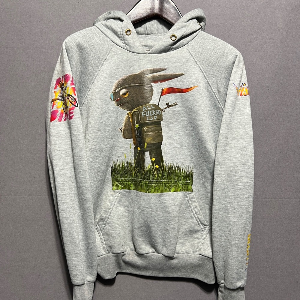 HJ Design Mens Heather Grey Graphic Hoodie All Fucked Up Rabbit Size L